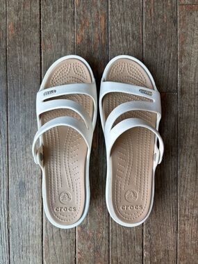 CROCS Triple-Strap Sandals in White with Beige Footbed